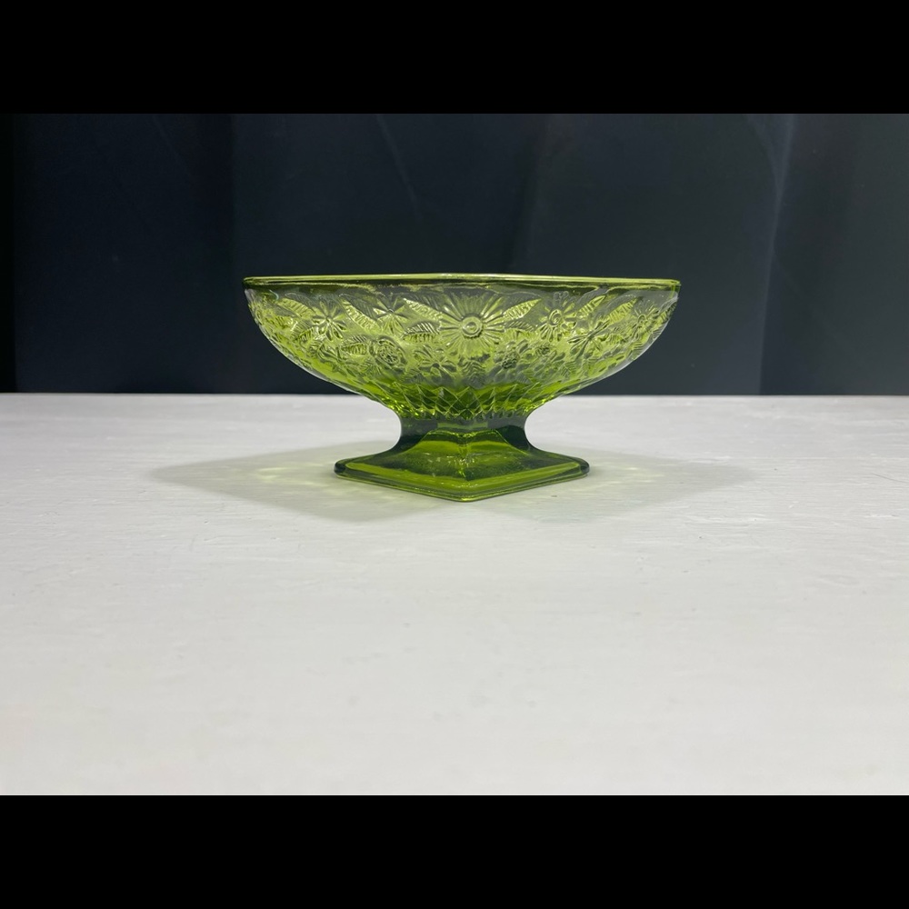 Vintage Green Indiana Glass Floral Diamond Compote